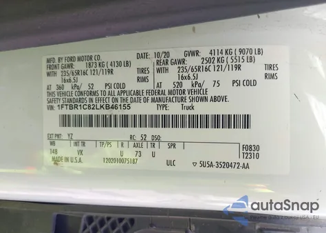 2020 Ford Transit-250 z USA, uszkodzony, nr VIN 1FTBR1C82LKB46155